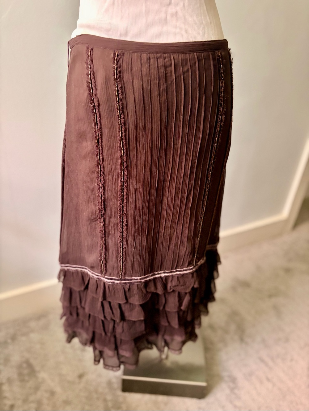 Zara Woman Brown Silk Pleated Ruffle Midi Skirt - Picture 2 of 6
